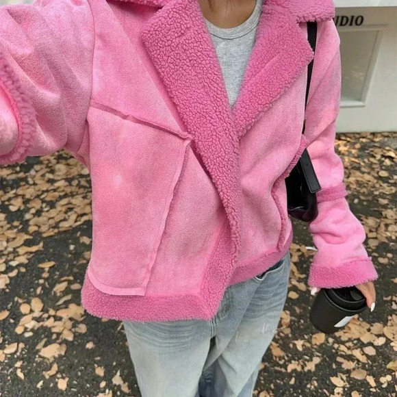 Hot Pink Casual Women's Single-Breasted Fleece All-Match Long Sleeve Jacket - Picture 1 of 6